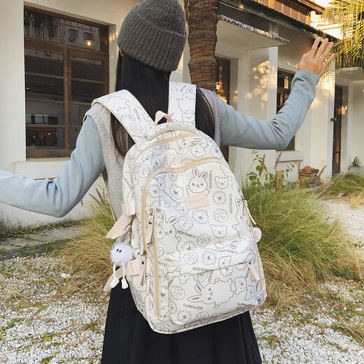 校园初中生书包女可爱卡通印花旅行背包高中学生休闲大容量双肩包 白色大号