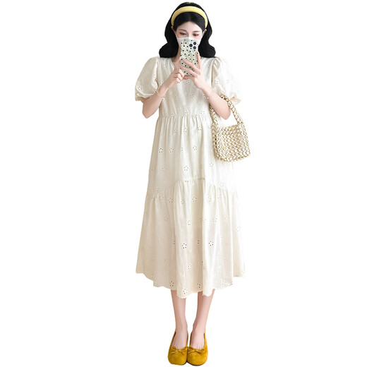 Ran Qiqi pregnant women's dress light luxury high-end 2025 new summer French cotton hollow short-sleeved loose large-size skirt milk apricot color L