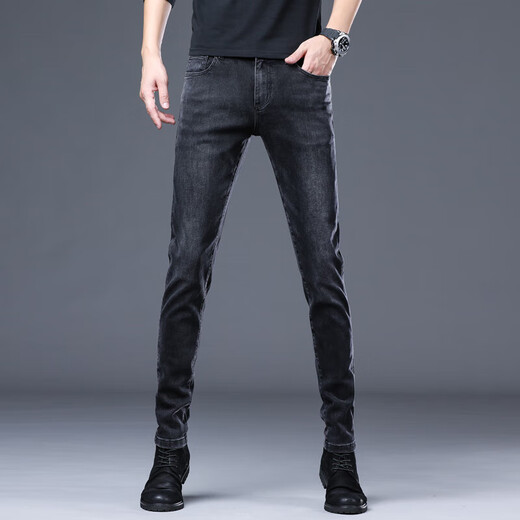 
Lilang summer men's jeans slim black slim feet pants for men Korean style high-end elastic slim trousers BML1048 black regular 33