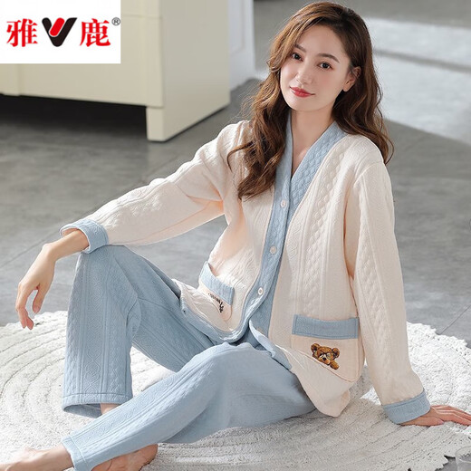 雅鹿女秋冬季纯.棉薄款夹棉2025年新款夹层空气棉家居服可外穿套装 XP4859 L码【100-120斤】