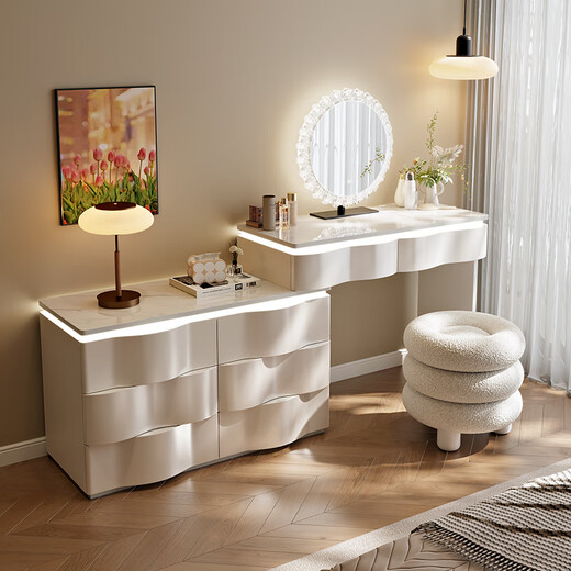 Xinang 2025 New Solid Wood Dressing Table Modern Simple Bedroom Dressing Table Drawer Cabinet Integrated Small Storage Cabinet Cosmetic Mirror 80cm Rock Surface + Three Drawer Cabinets + Sunglasses + Cat Claw Swivel Chair