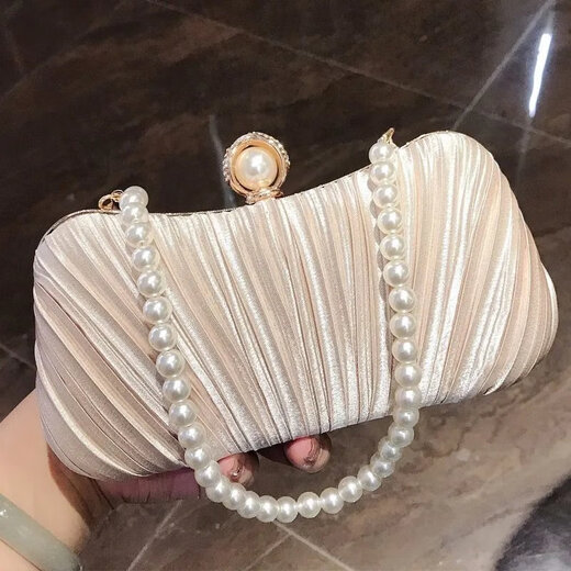Yingtang Daisy Celebrity Dinner Clutch Women's Banquet Small Bag with Evening Dress Handbag Champagne Color + Pearl Short Chain