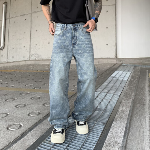 依零依蓓新款夏季潮牌男士阔腿牛仔裤水洗大码长裤 黑色1396-1 S