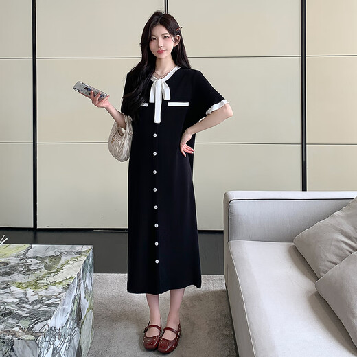 婧麒（JOYNCLEON）孕妇装新款孕期洋气大码孕妇连衣裙孕妈高级穿搭孕妇裙子夏装 黑色 L