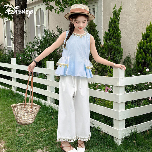 Disney girls suit summer thin girl bohemian sleeveless t-shirt wide-leg pants suit TD2ET012 blue and white 140