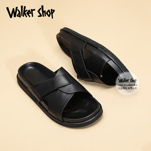 Walker Shop拖鞋男士夏季牛皮透气时尚凉拖鞋子增高防滑沙滩鞋室外舒适一字拖 黑色 38