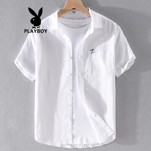 
Playboy (PLAYBOY) men's high-end linen shirt summer trendy brand thin cotton linen top men's casual short-sleeved T-shirt summer clothes yunyi-9711 blue L