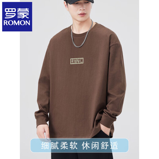 罗蒙（ROMON）纯棉长袖T恤男春秋薄款圆领宽松休闲印花百搭打底衫上衣 5012咖啡 XL 建议140-160斤