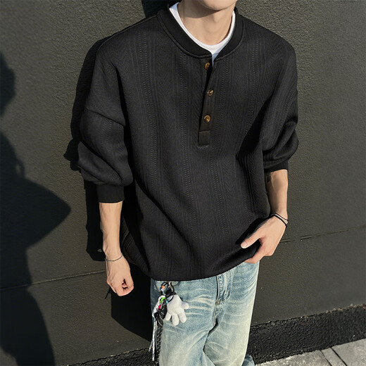 SWAMP AREA Henry collar textured long-sleeved T-shirt for men in spring and autumn layered inner layering shirt SWT607 black XL