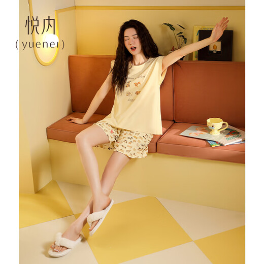 Pyjamas de poitrine de cou yue avec poitrine pour femmes en été coton pur sableux sans manches shorts à la maison décontractés et peut être usé pour l'usure en plein air B23629 beige léger [avec poitrine] M (160) [poids 90-110jin [Jin équivaut à 0,5 kg]]