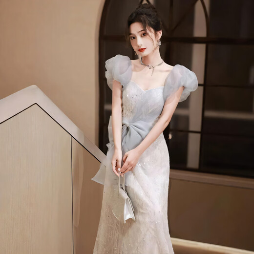Evening dress skirt for women 2025 new banquet temperament adult gift light luxury niche high-end birthday host feeling blue XS