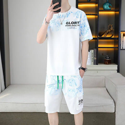 TTPMER春夏男士短袖T恤五分裤两件套韩版休闲青运动套装 蓝色 6187-套装 M