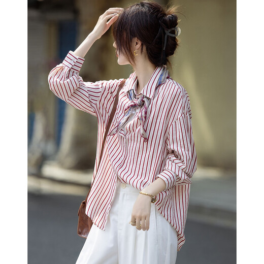 Demana contains natural linen, autumn relaxed prologue lapel striped shirt, hidden flesh petite shirt, women's top