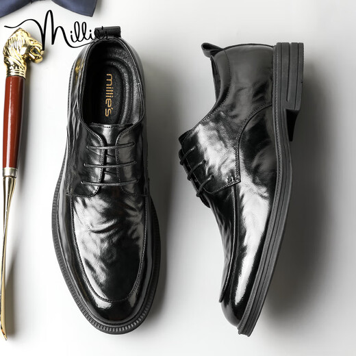 Millies first layer cowhide men's shoes British business casual shoes glossy retro men's wedding shoes leather shoes men U1291 black 40
