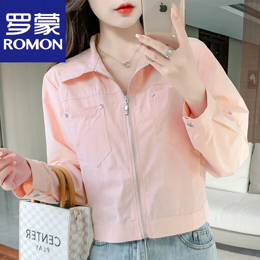 罗蒙（ROMON）2025春夏季新款短款宽松百搭轻薄外套开衫防晒上衣夹克长袖防晒衫 粉红色 S 【建议80-100斤】