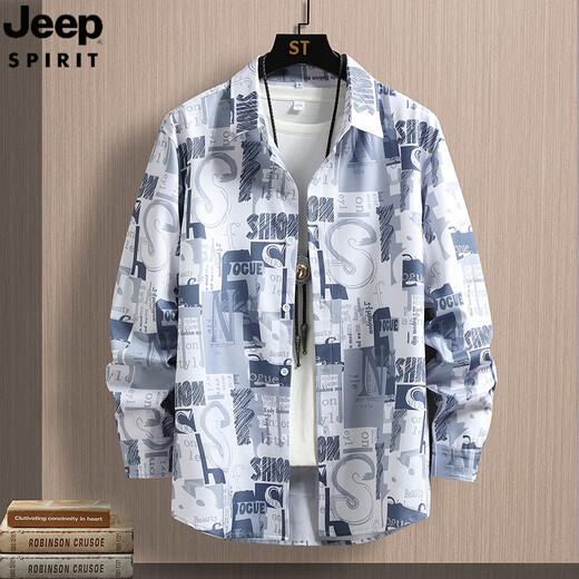 JEEP SPIRIT吉普夏季男装冰丝长袖衬衣潮流宽松款垂坠花衬衫外套寸 6169绿色 M 90-110斤