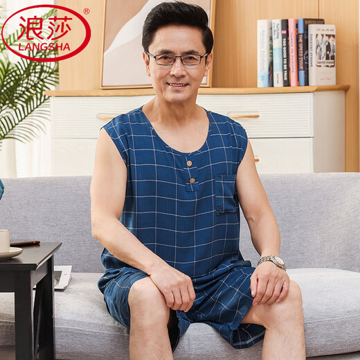 Langsha Baumwollseide Kurzschläfe Herren-Pyjama Sommer mittleren Alters und älterer Vater dünne Baumwollmodal-Eis Silk Home Anzug Set 2694 4xl Empfohlenes Gewicht 190-210jin [Jin entspricht 0,5 kg]