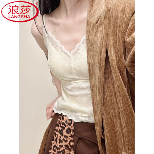 浪莎（LangSha）蕾丝吊带带胸垫内搭打底背心女2025新款春夏文胸一体美背外穿上衣 香槟白 XL