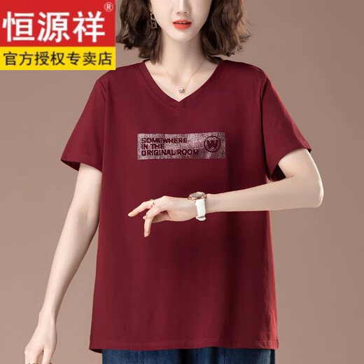 恒源祥V领宽松t恤夏装新款中年妈妈洋气短袖上衣大码女装胖mm显瘦潮 9923酒红色长袖 L 适合体重105-119