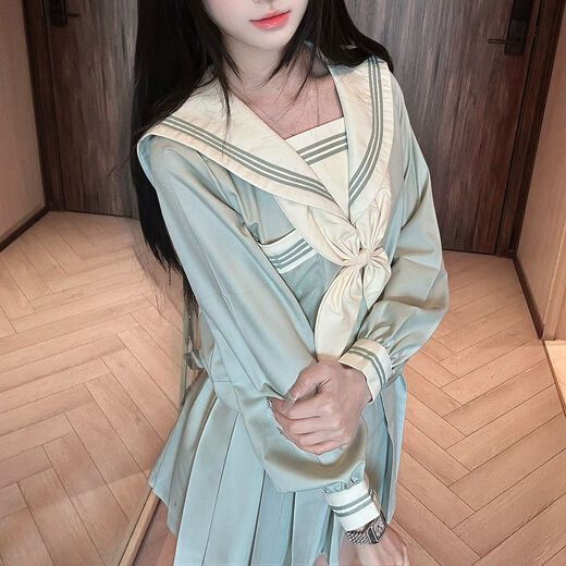 Shenbei Original Genuine Mint JK Uniform Japanese Sailor Uniform Basic College Uniform Student Suit Mint Green Three Short Sleeves + Skirt + Goldfish Knot M