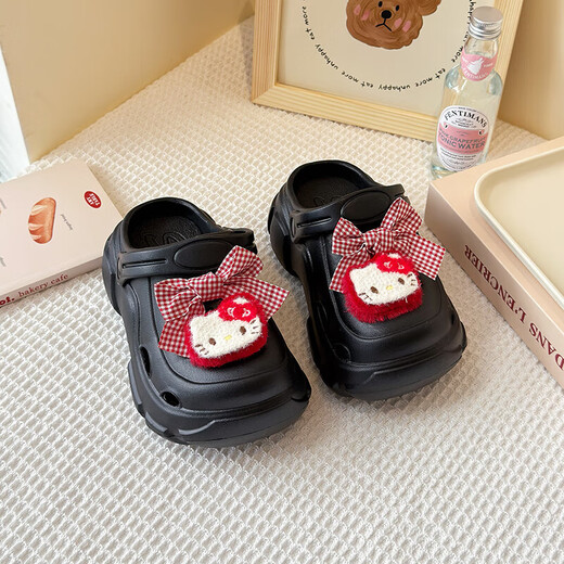 Girls' Croc Shoes Anti-slip Soft Sole Cute Cartoon Baotou Sandals Girls Indoor and Outdoor Hello Kitty Children's Sandals Black J606-22 Size 34-35 Inner Length 21cm