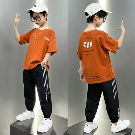 Cool Chapter (KUZHANG) boys summer clothing children 2025 new fashionable street-fried sports suit mid-large children summer short-sleeved trousers trendy children's clothing 3415 orange 2695 black + 9767 black 5725 140 CM