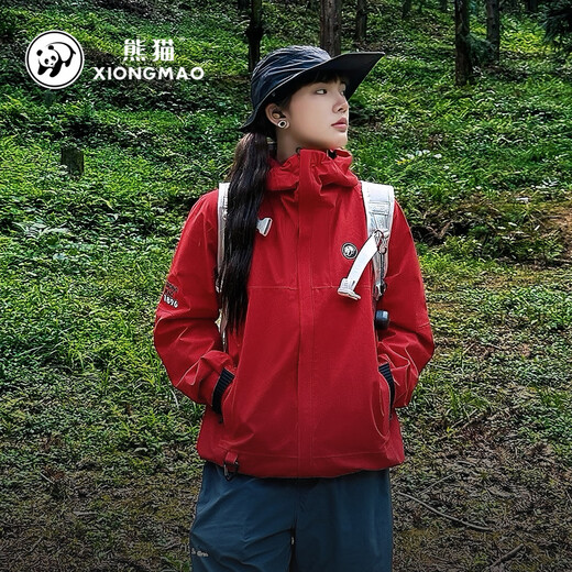 熊猫骆驼系列户外冲锋衣男女单层暴雨级三防登山服外套6169X5红 S