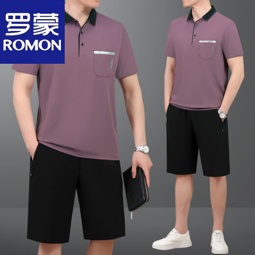 罗蒙夏季款中老年男士爸爸装翻领薄款冰丝短袖短裤宽松运动服套装 691牛仔蓝 L 建议斤----120斤【体恤+裤子】
