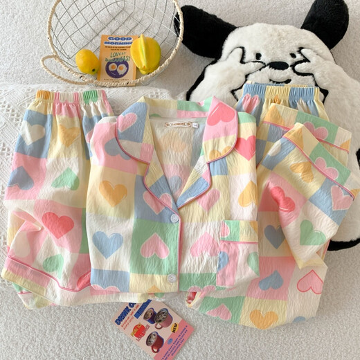 
Shiganudopamine love pajamas for women, summer cloud sao short-sleeved three-piece set home clothes, Chinese Valentine's Yunduo Cotton-J9901 Paradise Puppy Three-piece set M [Suggestion 75-100Jin [Jin equals 0.5 kg]]