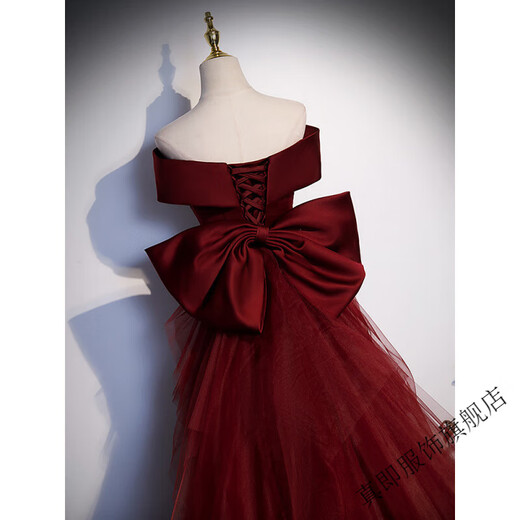 Zhenji burgundy fishtail evening dress female bel canto solo vocal art test toast annual meeting host one-shoulder light wedding dress burgundy M