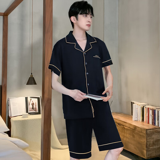雅鹿睡衣男夏季夏天薄款冰丝短袖青少年可外穿男士2025新款家居服套装 12532【云朵棉绉布款】 2XL (建议身高180左右，体重15