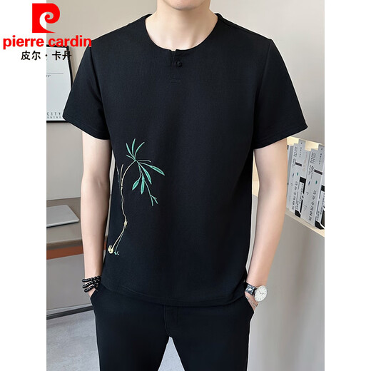 皮尔卡丹（pierre cardin）新中式竹刺绣短袖男夏季v领国潮t恤男装亚麻棉麻新款中国风半袖男 9856卡其色 M (约90~105斤可穿)