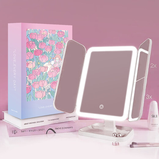 YUBAE化妆镜led带灯补光高清镜子三面折叠化妆镜白色镜子专业化妆镜送女朋友生日礼物 充电升级版·led折叠化妆镜【三色补光灯】 礼盒+礼品袋