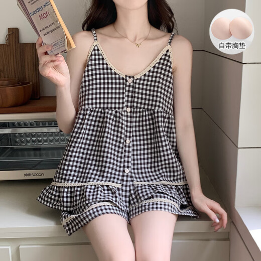 带胸垫睡衣女夏季新款格子花边吊带短裤韩系可爱云朵棉家居服套装 9904杏色 L