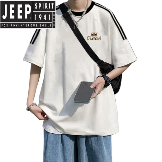 Jeep Spirit American Retro Kurzärärmelte T-Shirt Herren Sommer 2025 Neues loses Design Nische japanische Ins-Top [3899* Lion Dance] Weiß M 85-120jin [Jin ist gleich 0,5 kg]