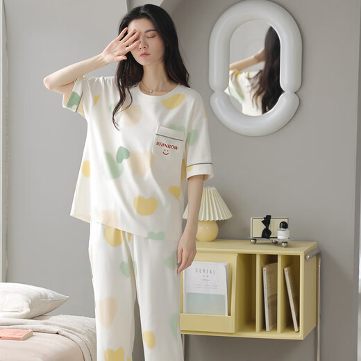 Fenten pajamas for women in summer pure cotton short-sleeved cropped pants can be worn on the outside sweet and casual cotton women's home clothes 9882 breastless pad [pure cotton] 2XL Recommended 140-155 Jin [Jin equals 0.5 kg]