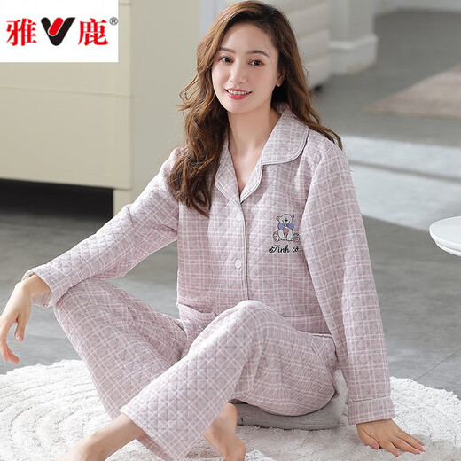 雅鹿女秋冬季纯.棉薄款夹棉2025年新款夹层空气棉家居服可外穿套装 XP4859 L码【100-120斤】