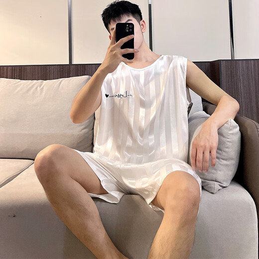 
Yimuqi summer men's pajamas men's children junior high school students ice silk summer thin vest pajamas summer large size love 9905 silver gray men L men (100-120 Jin [Jin equals 0.5 kg])