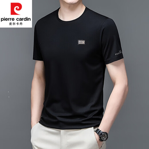 Pierre Cardin Herren Mulberry Seidenrunde Hals kurzärmeliges T-Shirt 2025 Sommerminderfarb halbärmelig oberen oberen losen trendigen Sweatshirt-T-Shirt 13807 Schwarz XL 115/52