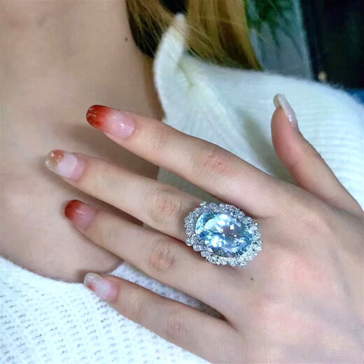 HEEKAIYI Aquamarine Ring Women's 18k Gold Diamond Ring Chinese Valentine's Day Birthday Gift for Wife and Girlfriend Selected 15 Carat/Santa Maria Color