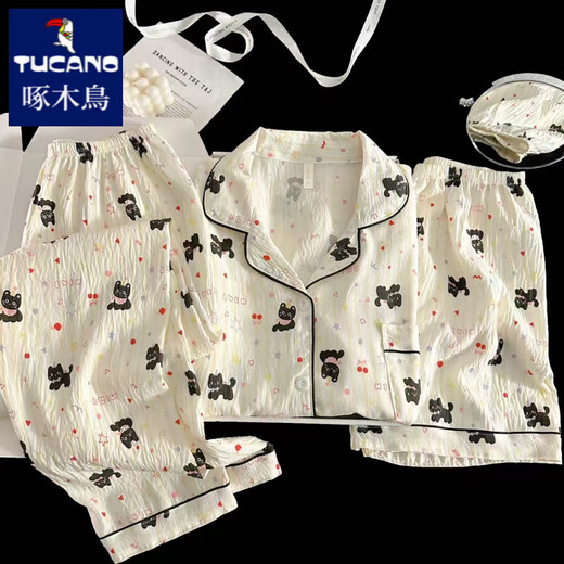 Specht Japaner Ins Stil Sommer kurzärmeligte Pyjamas für Frauen reine Baumwolle Gaze Drei-teilige süße Cartoon außerhalb von Heimkleidung Yunduo Cotton-9906# Star Welpe Drei-teilige Set L [vorgeschlagen 100-120jin [Jin gleich 0,5 kg]]