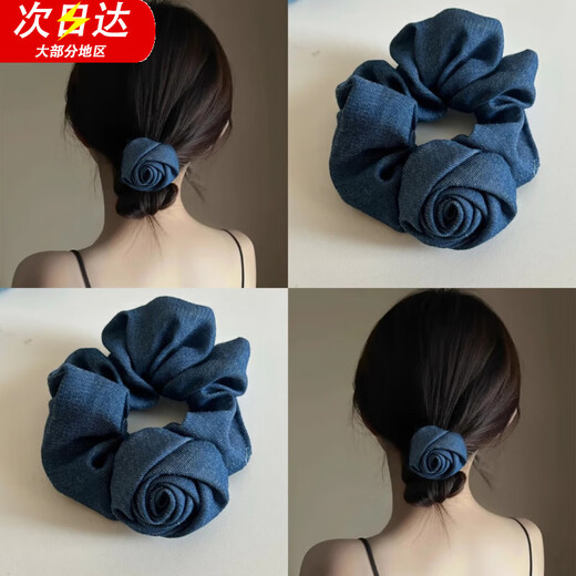 Orange, rose, flower, large intestine hair tie, women's ball headband, feminine temperament, high-end hairband on the back of the head, versatile dark blue flower hairband F216