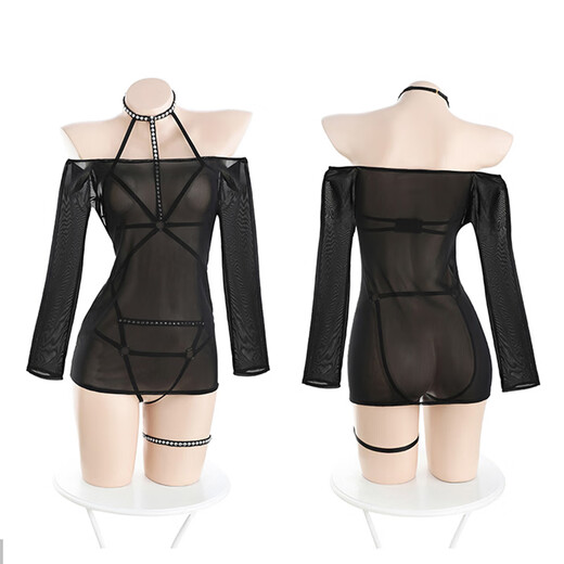 Fei Mufeng Condom sous-vêtements sexy SM sans enlever le pyjama Passion Tempation de grande taille Vêtements de carrosserie sur le lit Men de datation Officier de robe [Suit de la reine] Mateh Mesh + Coins + Anneaux de jambe, taille moyenne [poids suggéré 80-120 Jin [Jin est égal à 0,5 kg]]]