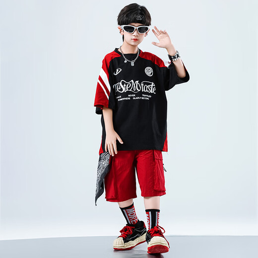 心可派儿儿童街舞演出服男童hiphop套装嘻哈街头潮牌服装男孩女童炸街走秀 两件套=A679黑短袖+B383红色短裤 150 码建议身高145CM
