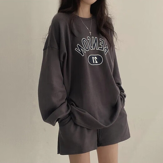 S.SOFEA长袖短裤套装女加大码棉夏季休闲运动服字母潮牌外穿春秋 15828套装 粉红色 M