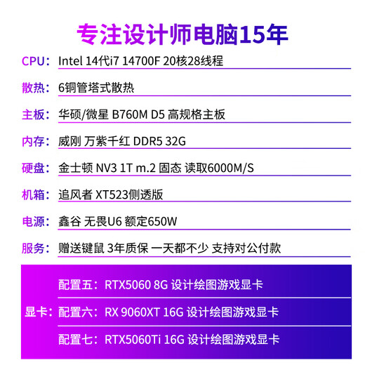 Zongheng Zhuochuang Professional Designer Graphics Workstation Редактирование видео 20 Core i7 14700f/RTX5060TI 16G 3D -моделирование.