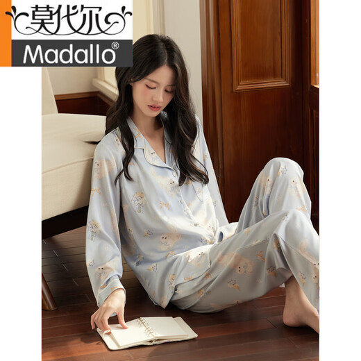 Modal 2025 Casual Pyjamas für Frauen im Frühling und Herbst Neue Heimkleidung Set süß bedrucktes Ice Seide Pyjamas Langarmes Zwei-teiliger Set für Frauen 8185# Light Blue M.