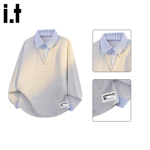 CHOCOOLATEit shirt collar fake two-piece sweatshirt men's autumn new loose long-sleeved Polo shirt T-shirt trendy light gray L