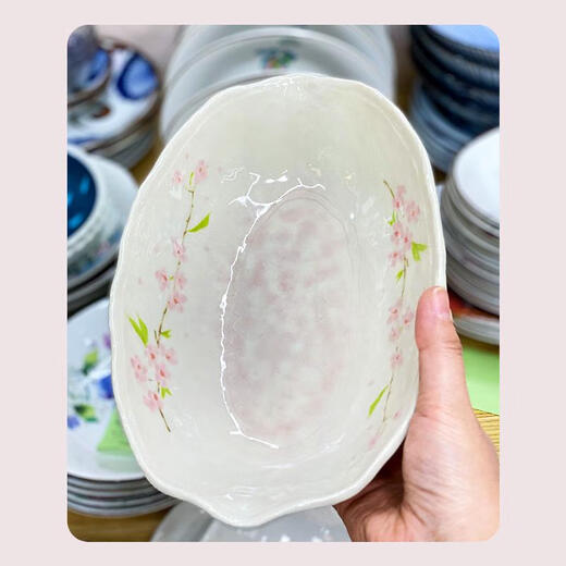 三栖虎制樱花手工盘子釉下彩饭碗防烫菜盘寿司蘸料碟咖喱饭盘 樱花椭圆大深盘 k-14083