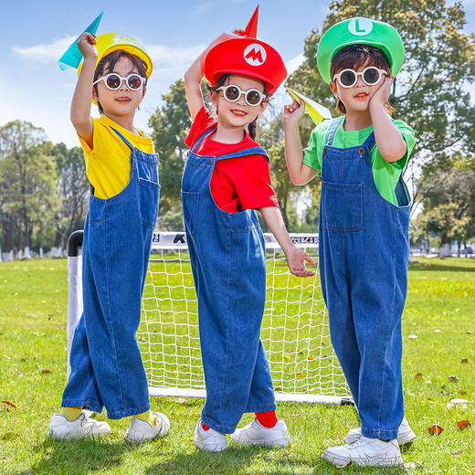 Kaikaijia children's performance clothing kindergarten cos Mary Mario overalls suit boys and girls performance clothing children red short-sleeved + denim short overalls free socks of the same color 100cm suitable for heights below 90cm